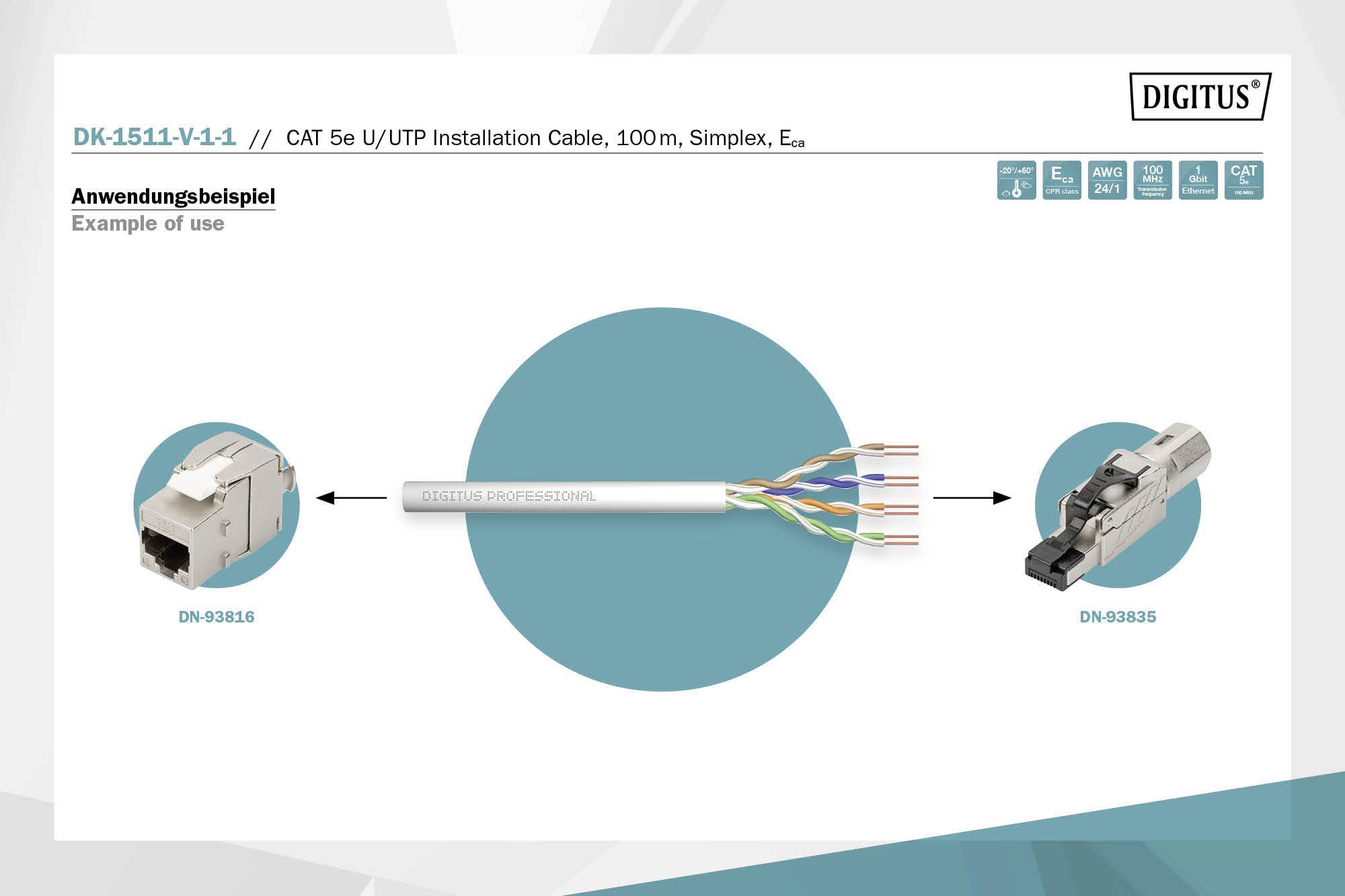 'Example of an application': Uses a CAT 5e U/UTP installation cable to connect two network plugs DN-93816 and DN-93835.