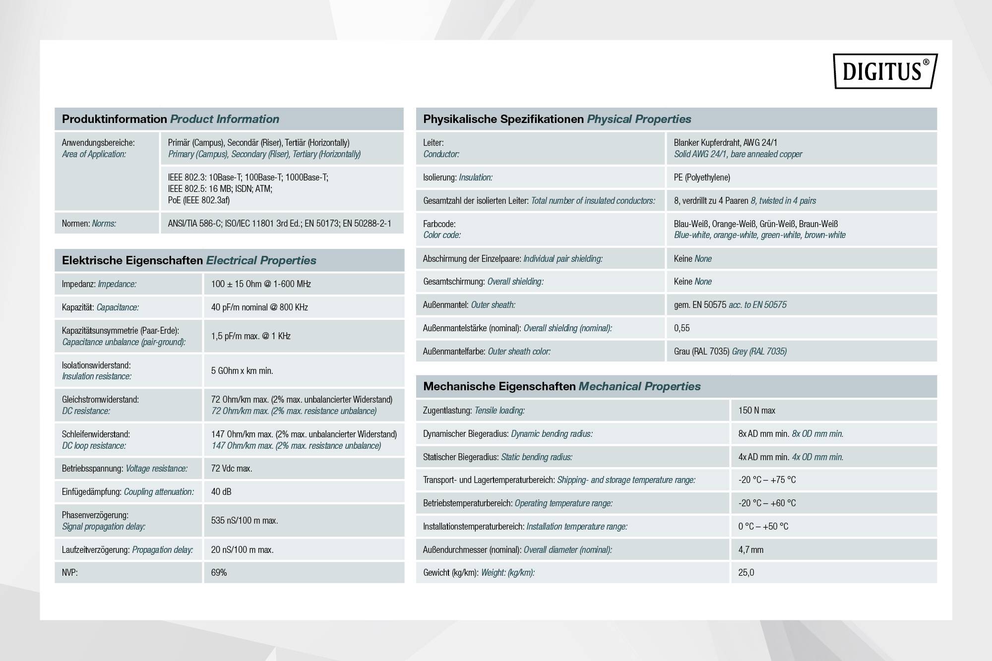 'Product Information' Table shows technical details of a product: Application, electrical, mechanical and physical properties. Brand name 'DIGITUS' top right.