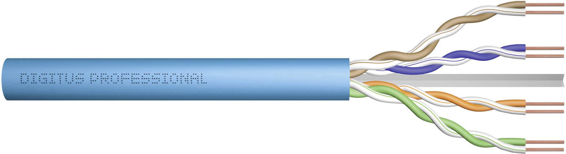 A blue network cable with exposed, twisted wire pairs in orange, green, blue, and brown colours, labelled 'Digitus Professional'.