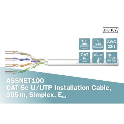 'ASSNET100 CAT 5e U/UTP Installation Cable, 305 m, Simplex, Eca.' Shows cable with 4 colour-coded pairs, supports 100 MHz, 1 Gbit Ethernet.