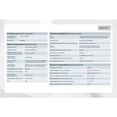 'Digitus' Cable Specification Table: Product Information, Physical, Electrical, and Mechanical Specifications with Dimensions.