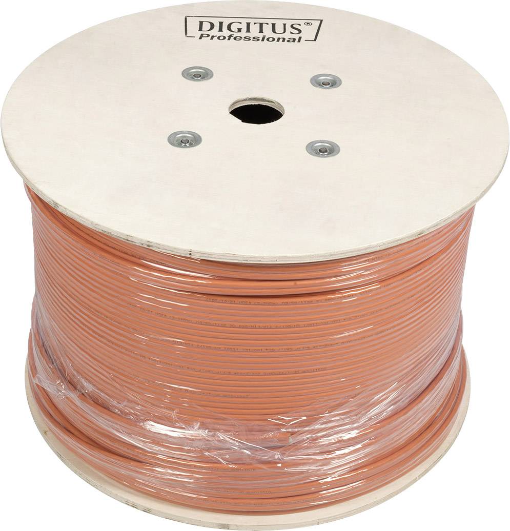 Large reel of orange network cable, wound on a wooden spool marked 'DIGITUS Professional'.