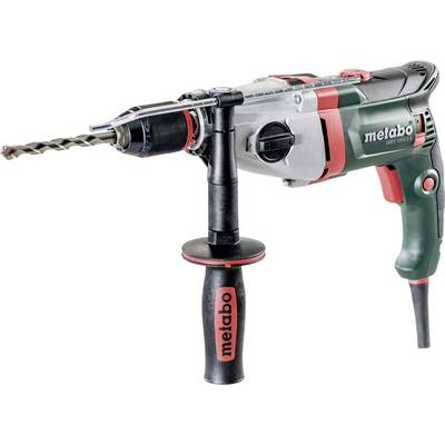 Corded Metabo hammer drill with side handle and drill bit on a white background.