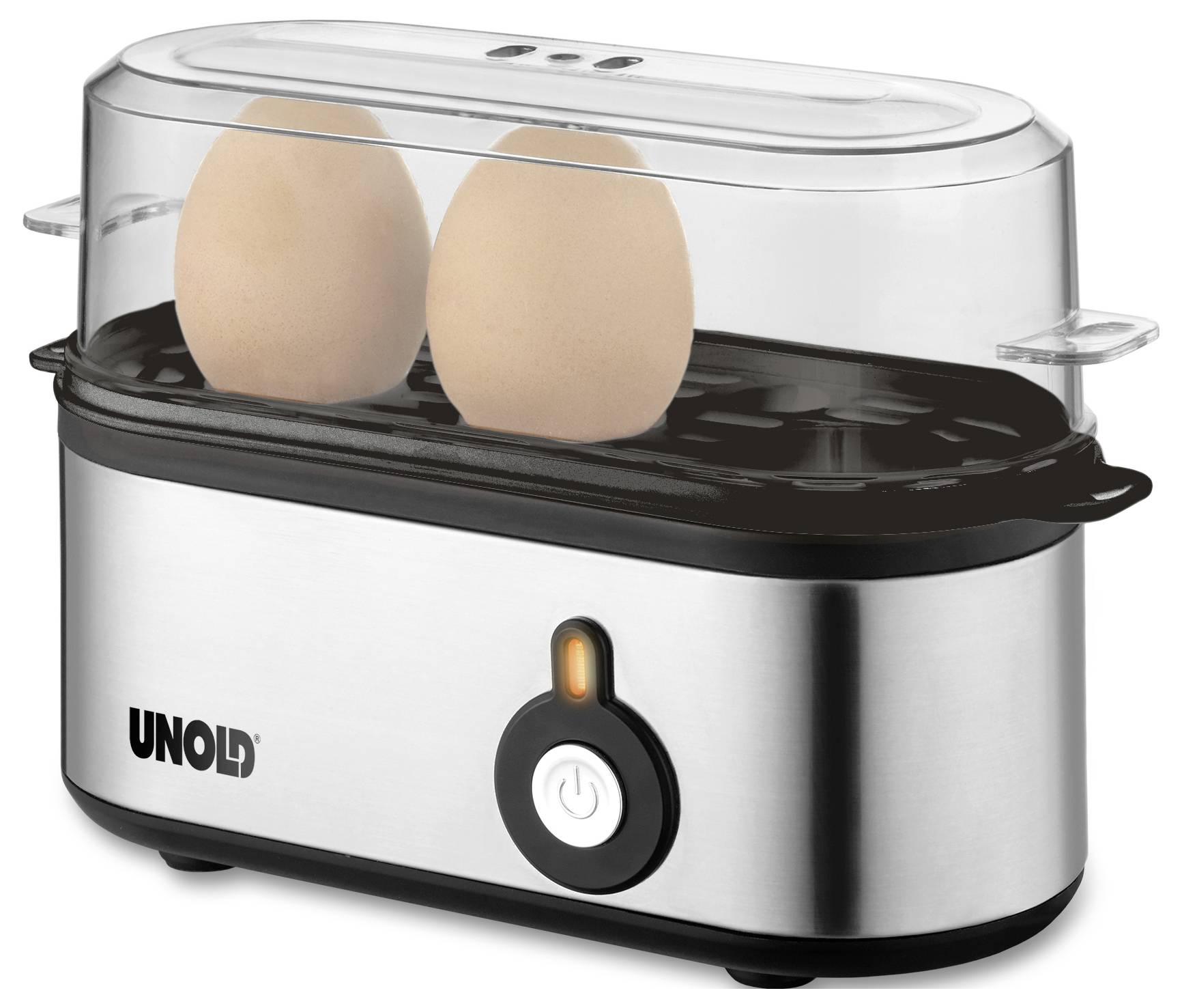 An electric egg cooker with stainless steel base and transparent lid, containing two brown eggs; circular power button is lit.