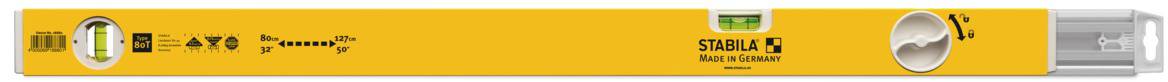 Yellow spirit level by Stabila with precise scale and metal edges. Perfect for professional construction work and DIY projects.