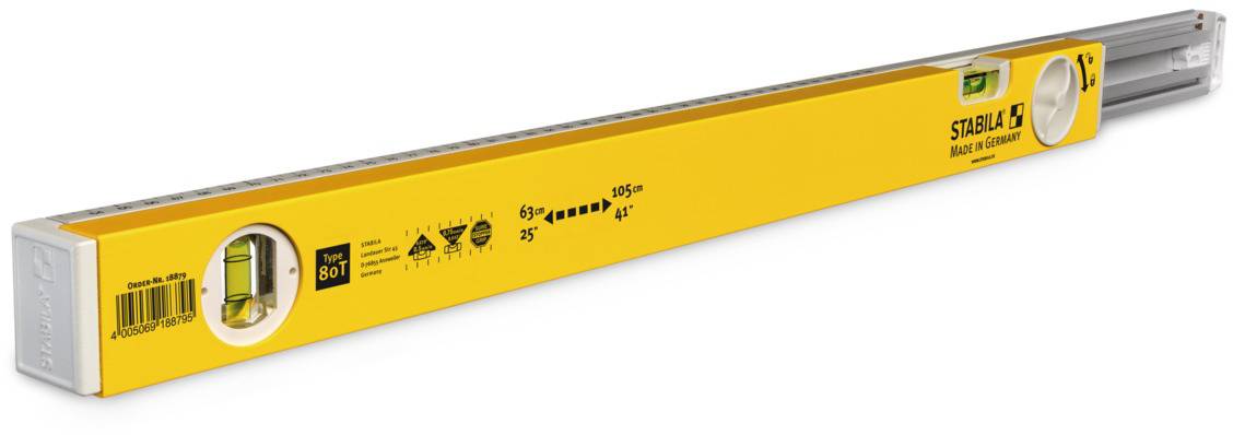Spirit level with a yellow casing and brand logo, indicating the inclination.