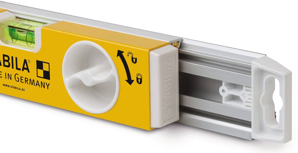 Spirit level with yellow casing and bubble vial, 'Made in Germany', demonstrates precise measurement through adjustable rotating handle.