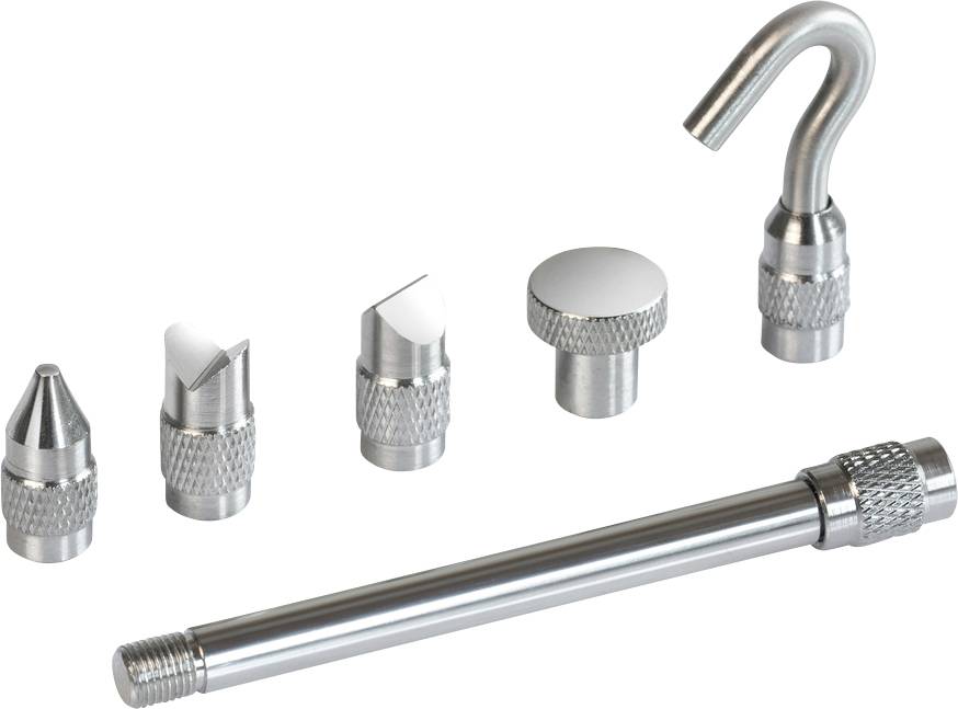 A set of six interchangeable metal attachments for a tool, including a rod, a hook, and various heads.