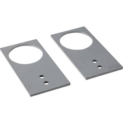 Two grey metal plates, each with one large and two small holes, lying side by side on a flat surface.