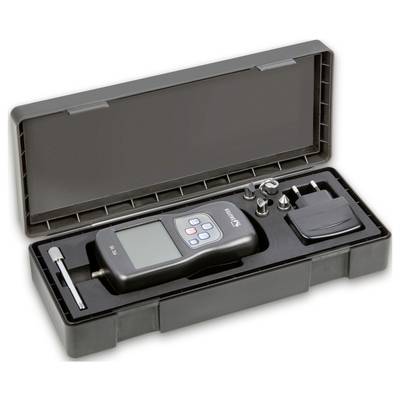 Portable digital measuring device in an open black case with accessories such as measuring probes and mains adapter.