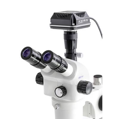 Laboratory microscope with two eyepieces and digital camera attachment for sample analysis.