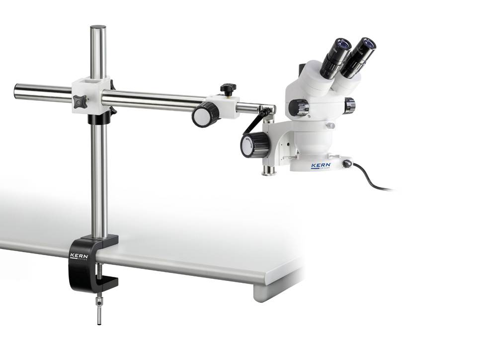 A stereomicroscope with binocular viewing on an adjustable stand, mounted on a table. Suitable for precise laboratory work.<br><br>Note: This translation is already in British English, so no significant changes were required.
