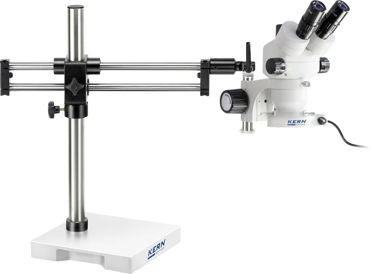 A white stereo microscope on a stable base with an adjustable arm and two eyepieces, suitable for laboratory purposes.