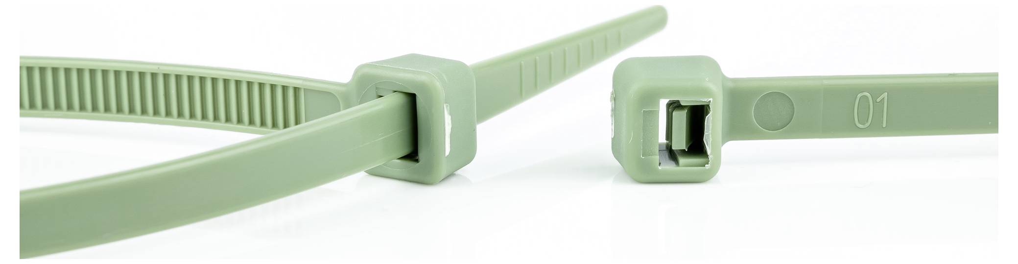 'Two olive green cable ties, one fastened and one unfastened, showing close-up view of teeth and locking mechanism.'