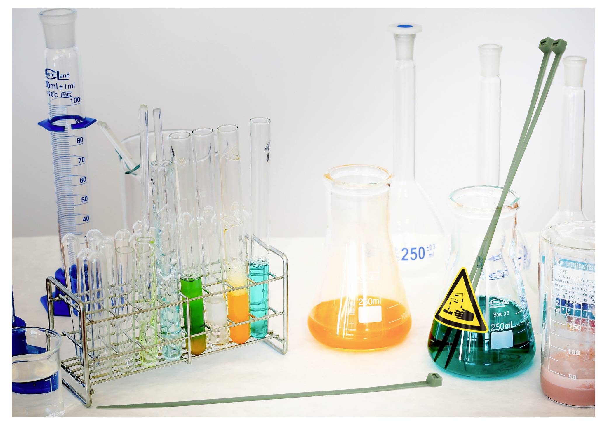 Various colored liquids in test tubes and beakers on a lab table, with a caution sign on one beaker, suggesting a chemistry experiment.