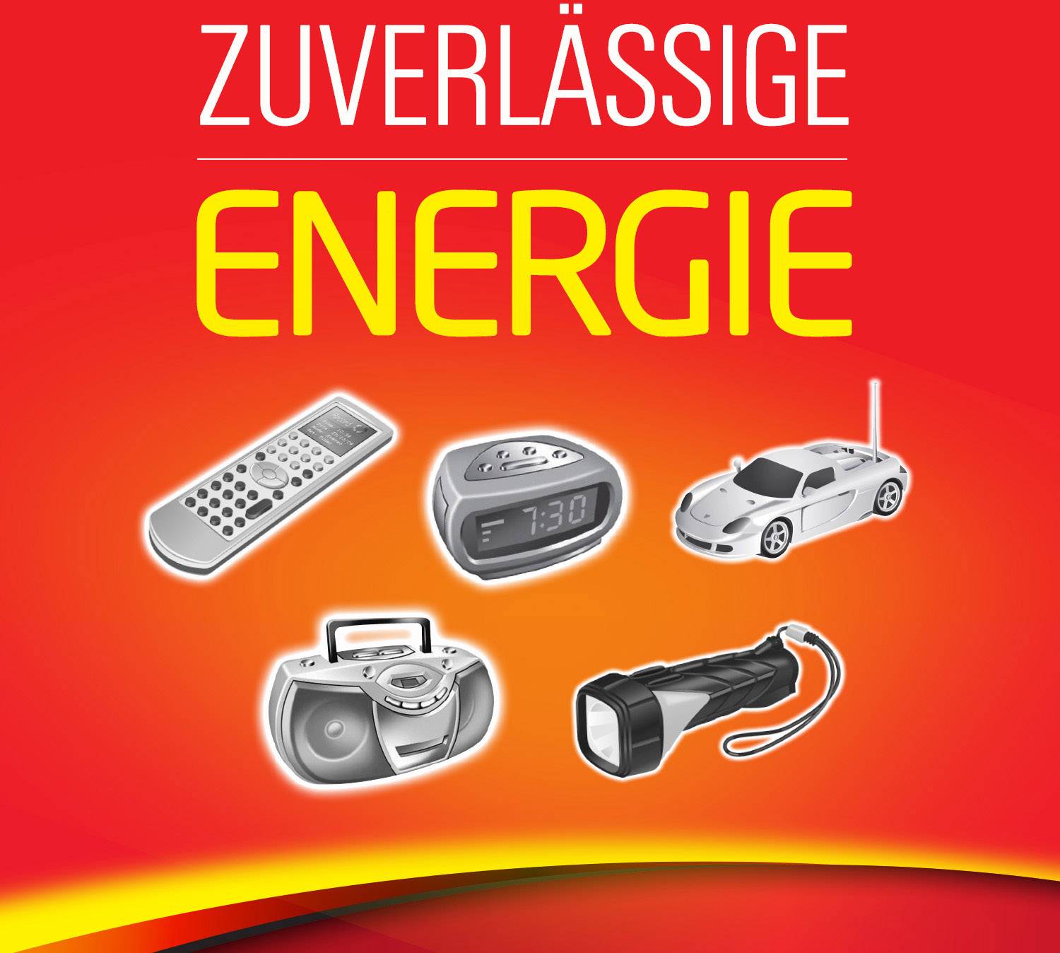 'Reliable Energy' in white letters on a red background. Shown are a remote control, radio alarm clock, toy car, portable radio recorder, and torch.