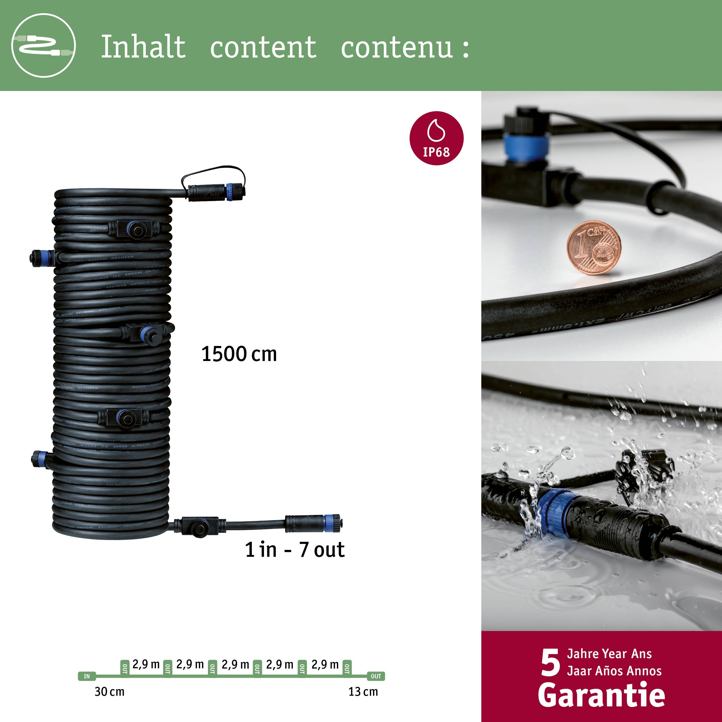 'Inhalt' shows a 1500 cm long black tube with blue connectors. Measuring bar: 2.9 m | 2.9 m | 7 cm. 5 years warranty.