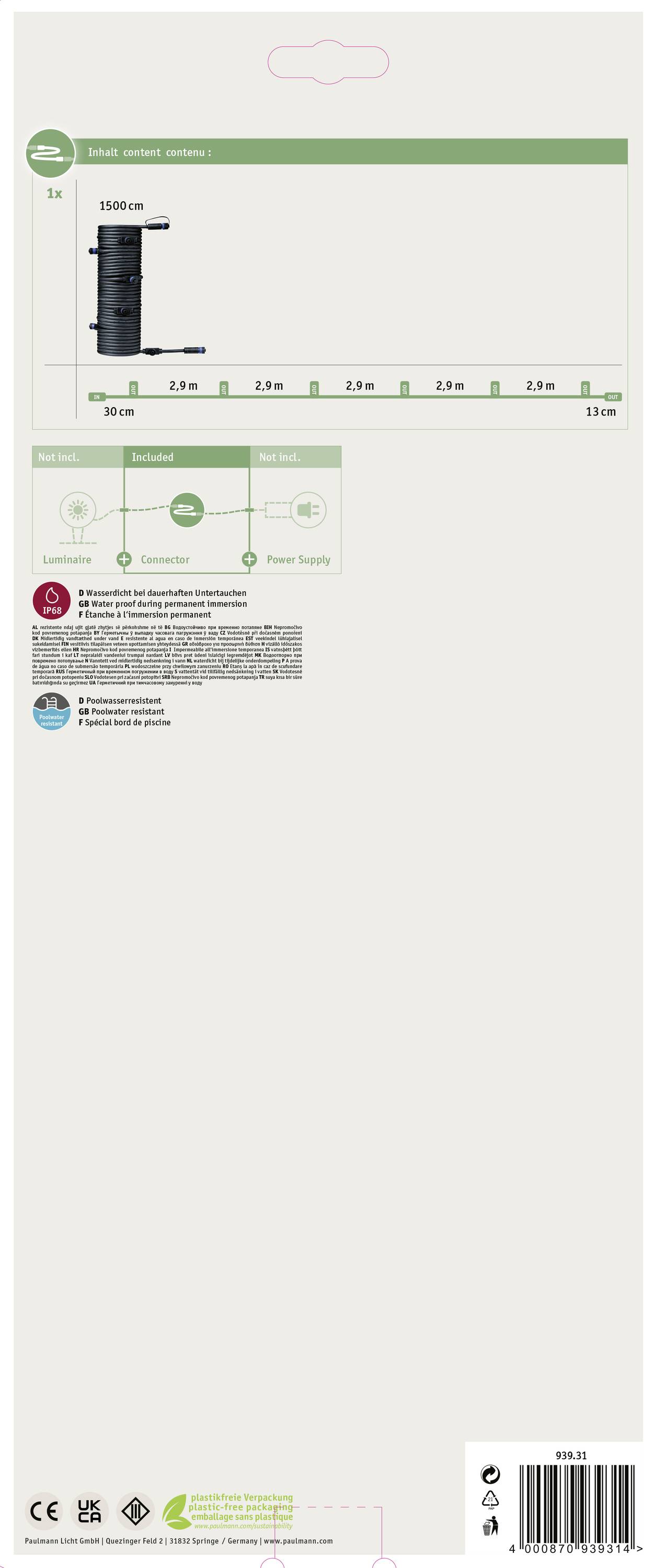 'Plant Support Packaging' shows a 1500 cm long support stake for garden plants. Includes assembly instructions and care guidelines in multiple languages.