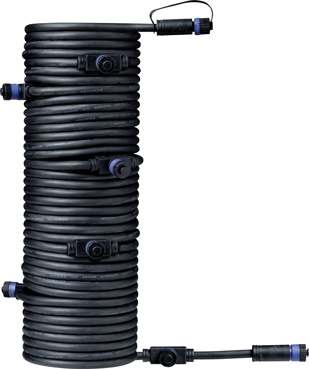 A coiled, black cable sleeve with multiple plug connections.