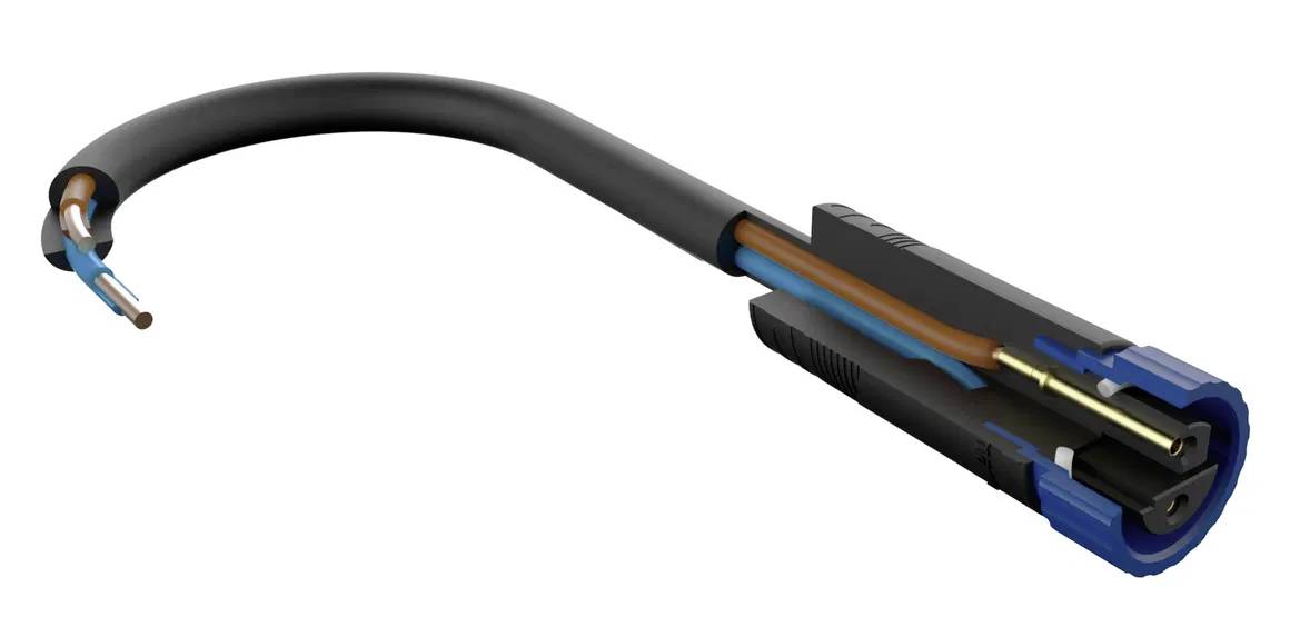 A cable with a black protective sheath and multiple coloured internal conductors, attached to a blue plug.
