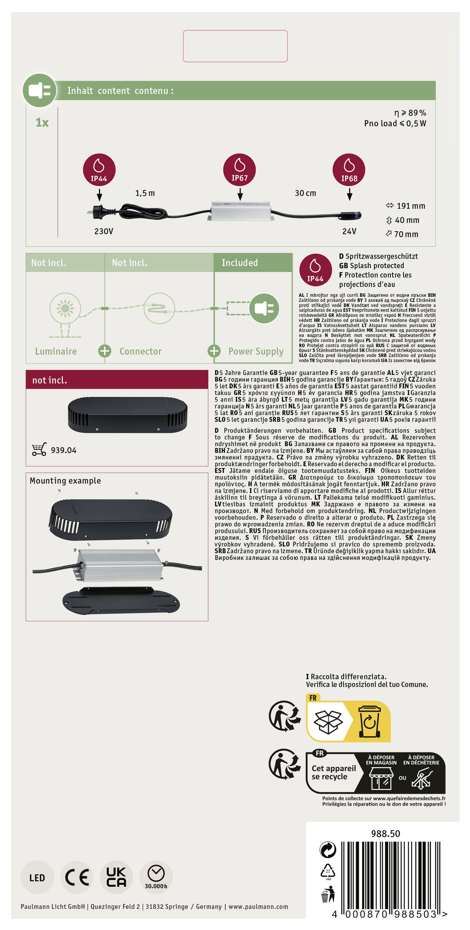 'Contents: 1x LED light, Cable (1.5m), Power supply. Not included: Mounting tools. Mounting example for kitchen.'