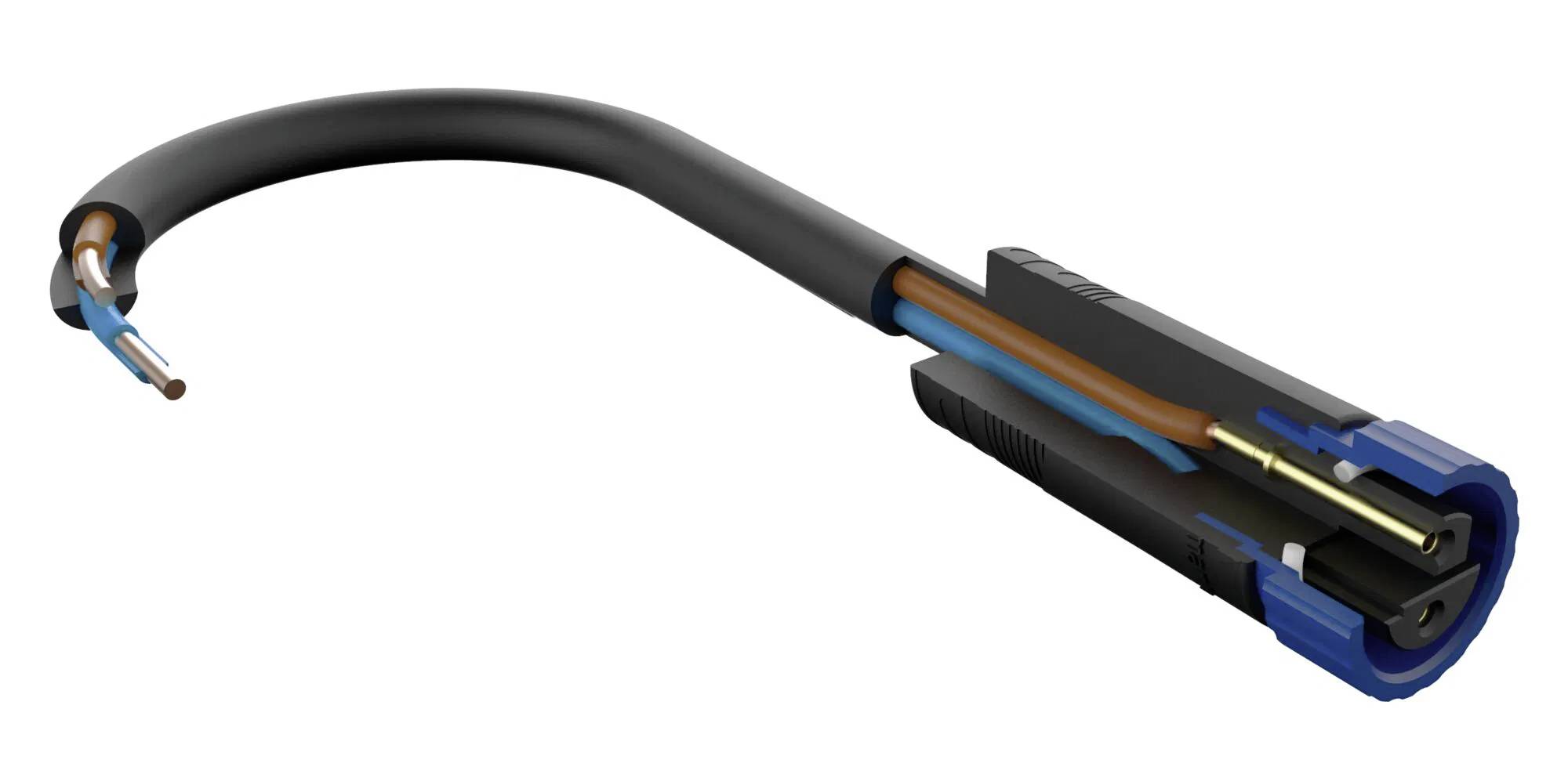Black-sheathed electrical cable with stripped wires and black, blue, brown insulations, wirelessly mixed.