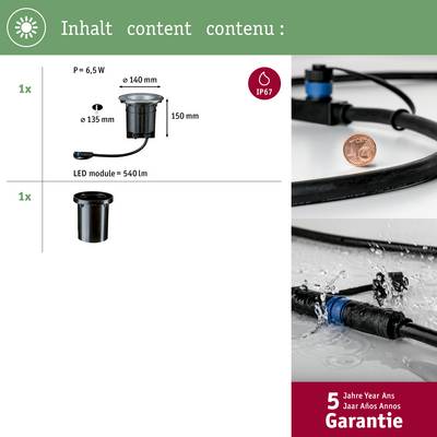 'Inhalt' presents an LED recessed spotlight set, IP67 certified, 6.5 W, 540 lumens. Warranty: 5 years. Includes dimensions and connection details.