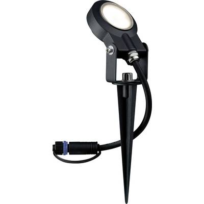 Black LED garden spotlight on a ground spike with cable and plug for outdoor lighting.