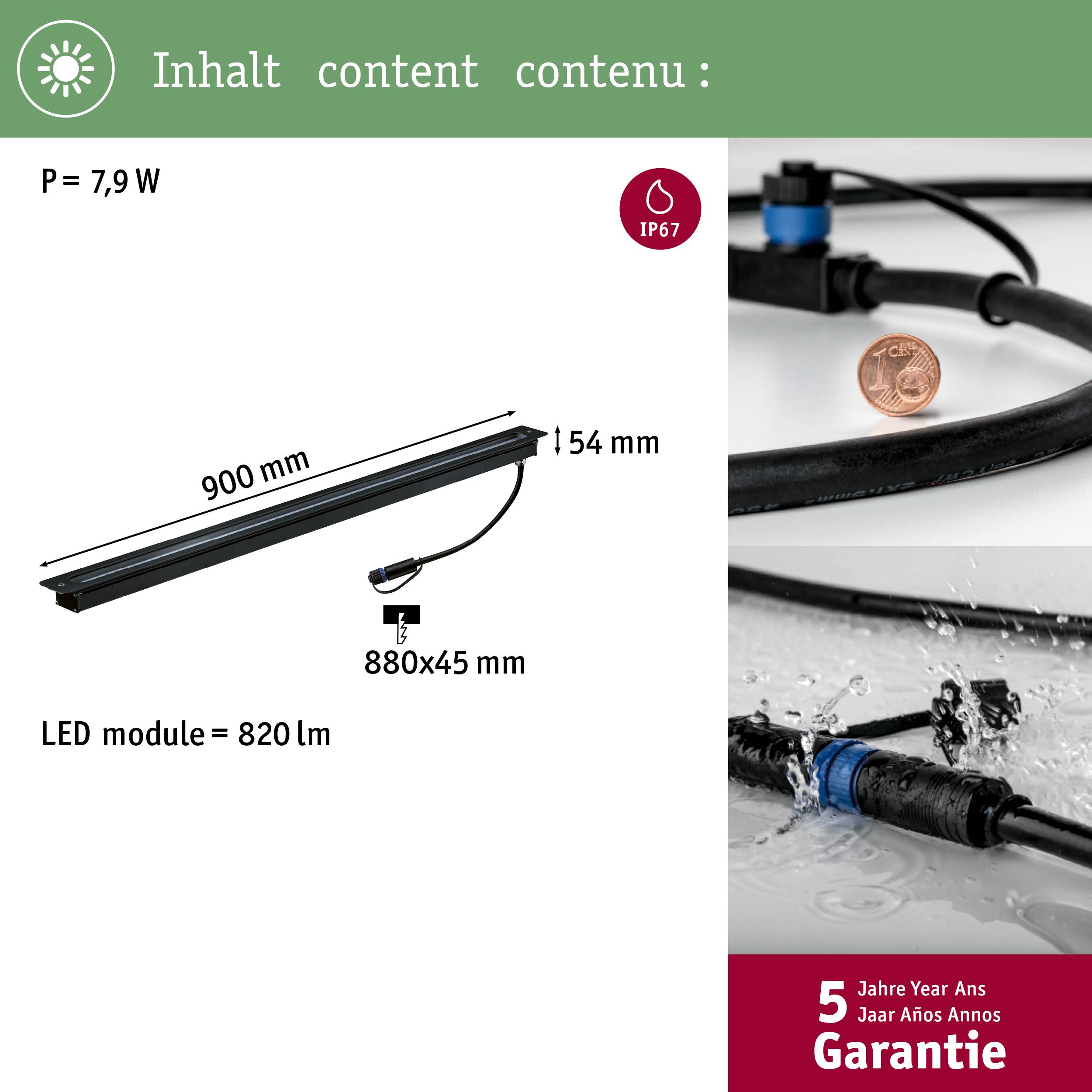 'LED module with 900 mm length, 54 mm width, 7.9 W power. 820 lm brightness, IP67 protection, 5-year warranty.'