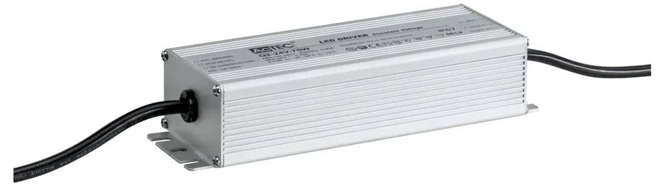 A rectangular LED driver with a metal casing and two black cables at the ends, for powering LED light fixtures.