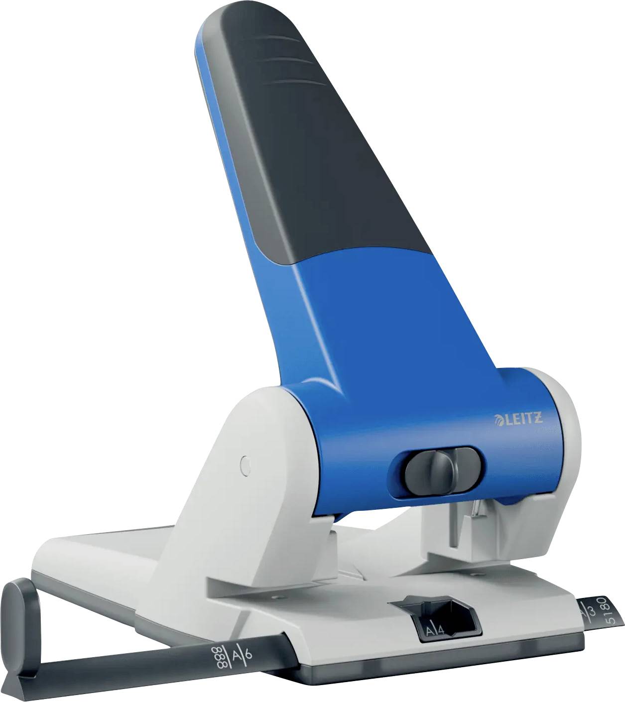 A blue and gray hole puncher with adjustable paper guides, designed for A4 and A6 paper sizes, on a white background.