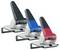 Three angled staplers in black, blue, and red on a white surface, showcasing their sleek design and variety in color.