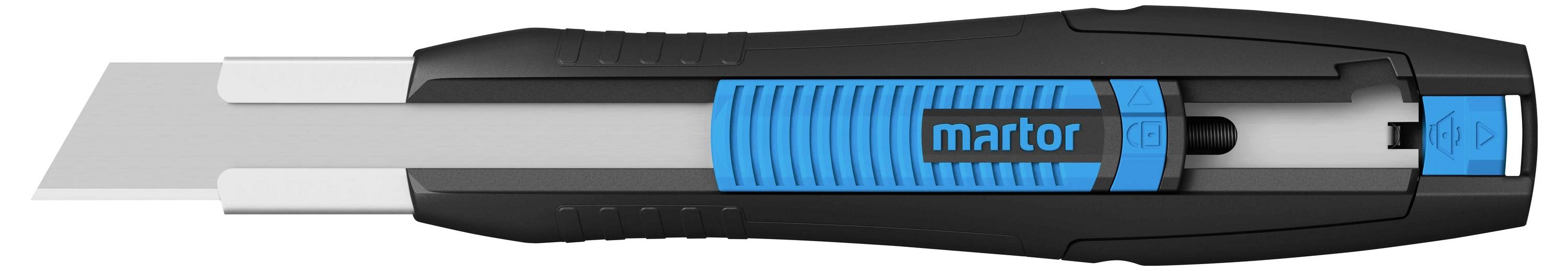 Black and blue retractable utility knife with an ergonomic handle, suitable for precision cutting tasks.