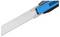 A craft knife with a blue handle and extended silver blade. Perfect for cutting materials such as paper or cardboard.