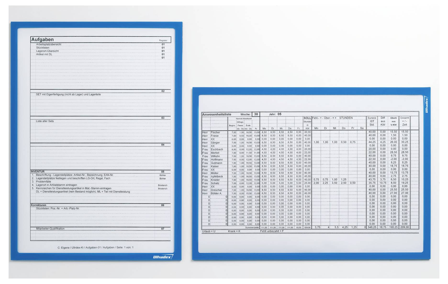 Two documents on a white surface; left has a list format titled 'Aufgaben', right features a detailed table with numeric data.