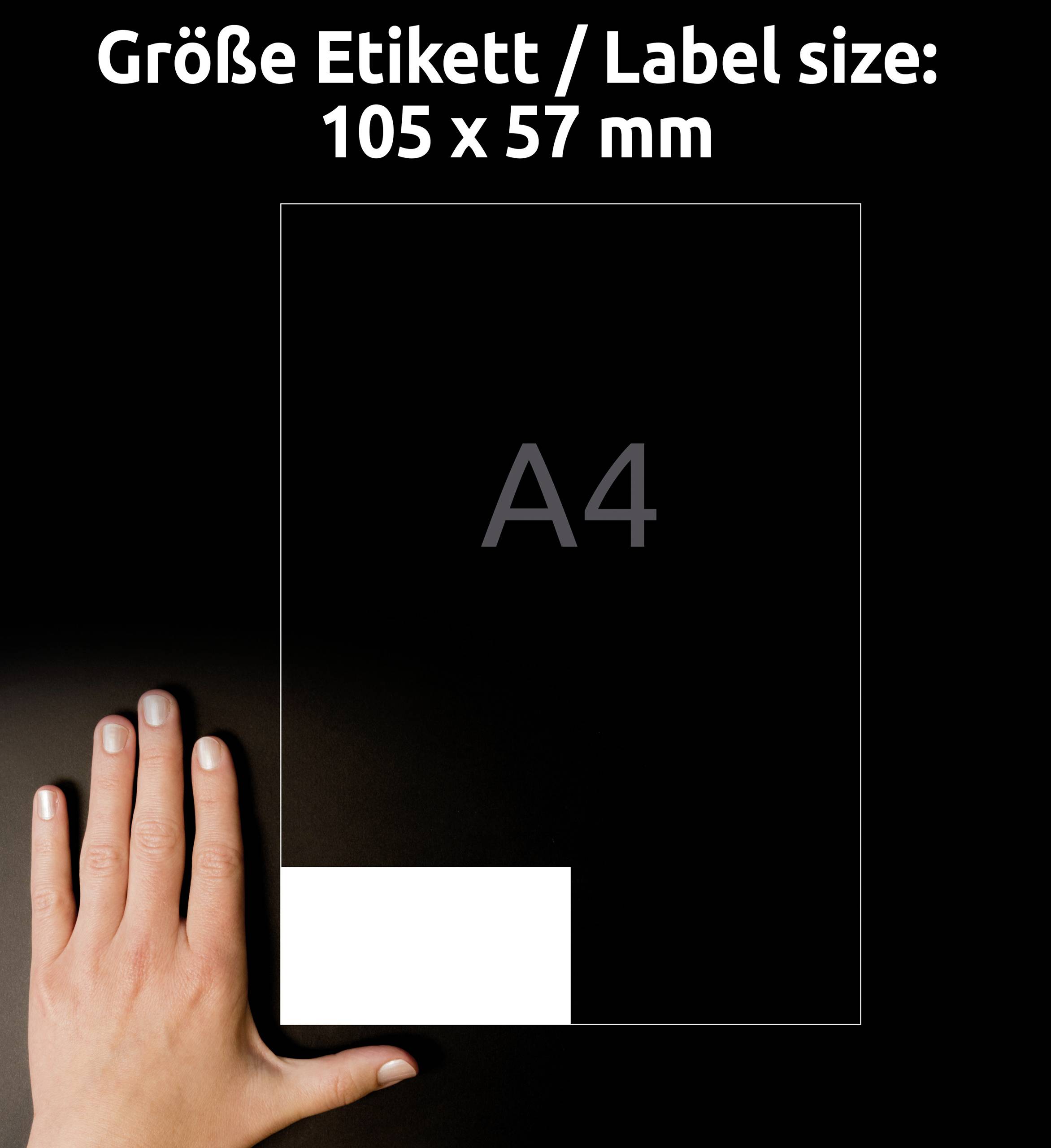 A hand shows the size of a label measuring 105 x 57 mm on an A4 sheet.