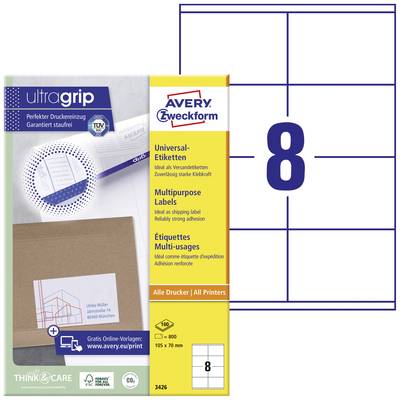 Avery-Zweckform 3426 All-purpose labels 105 x 70 mm Paper White 800 pc(s) Permanent adhesive Inkjet printer, Laser print