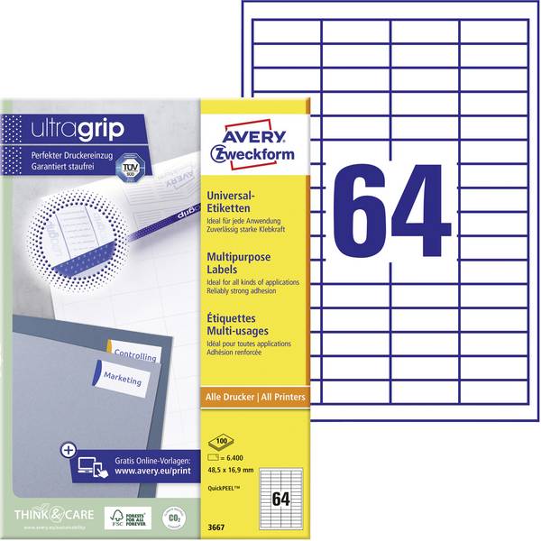 Avery-Zweckform 3667 All-purpose labels 48.5 x 16.9 mm Paper White 6400 pc(s) Permanent adhesive Inkjet printer, Laser printer, Laser, colour, Copier, Colour copier, Manual labeling