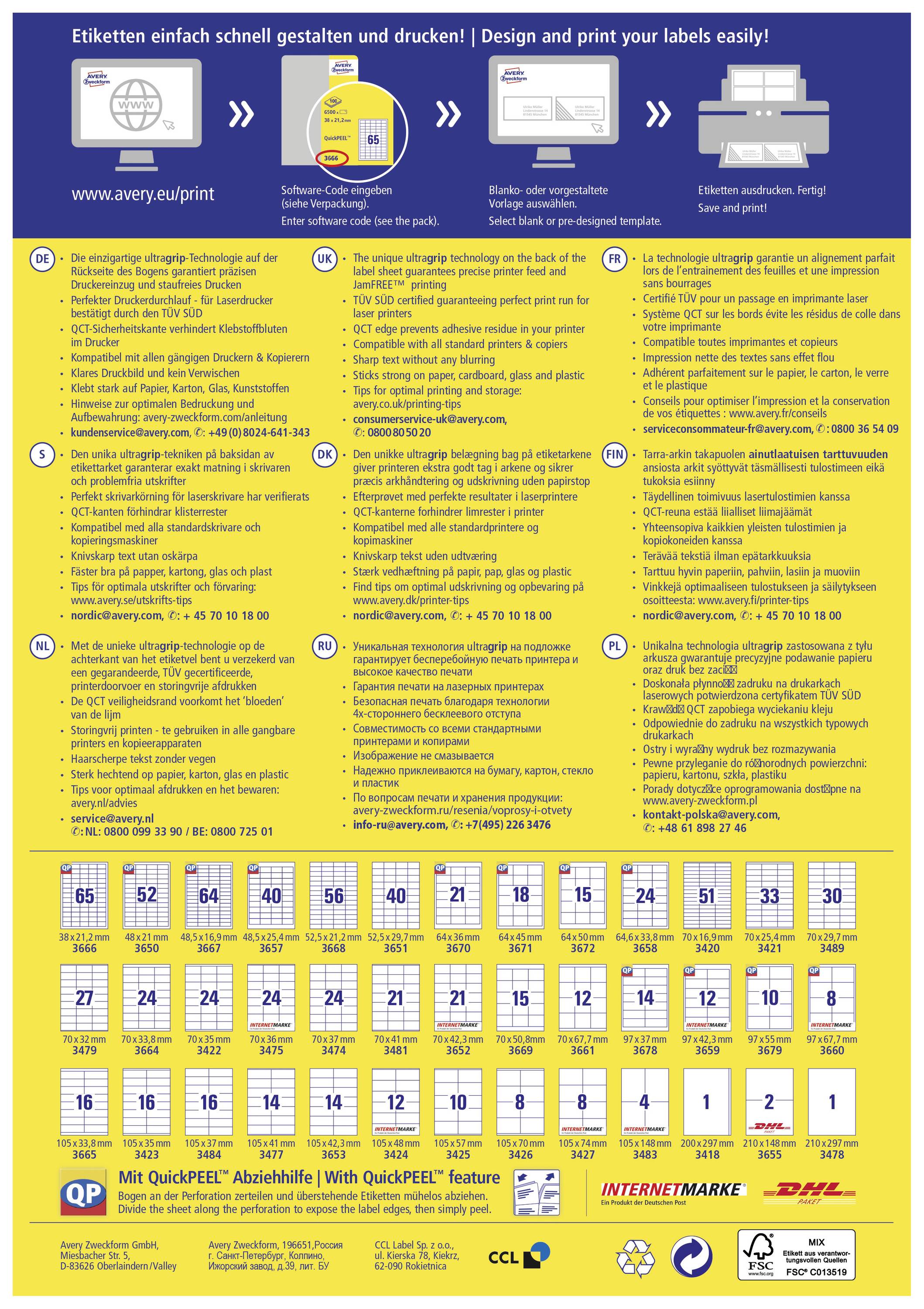 'Instructions for Printing Labels on a Yellow A4 Sheet. Includes Steps and Tips, Logos of CCL, DHL, Avery and Other Brands.'