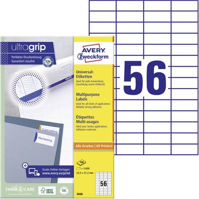 Avery-Zweckform 3668 All-purpose labels 52.5 x 21.2 mm Paper White 5600 pc(s) Permanent adhesive Inkjet printer, Laser p