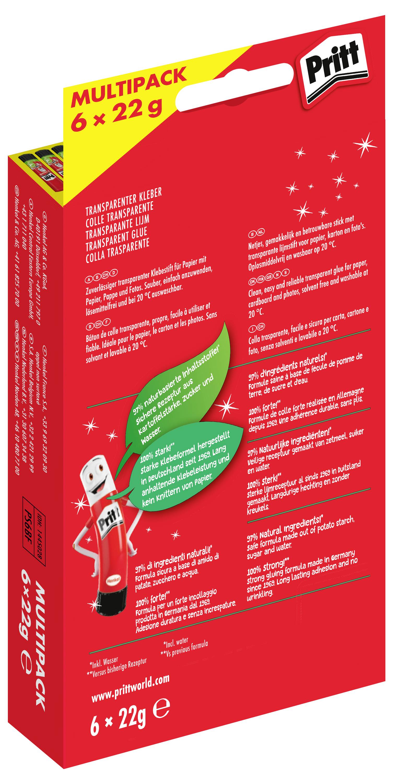 'Pritt Multipack 6 x 22g': Red packaging showing six glue sticks. Includes product details and usage instructions in multiple languages.