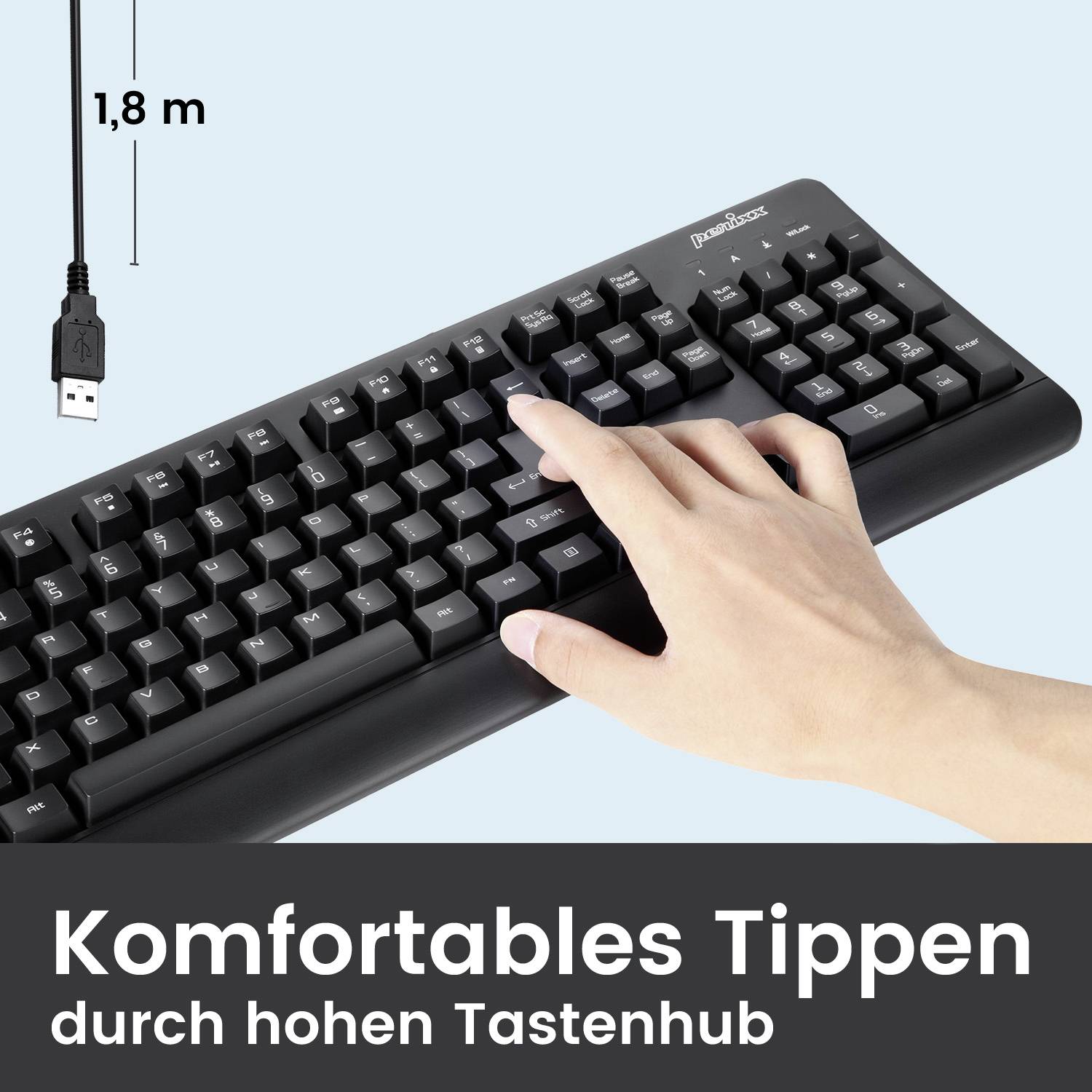 Black computer keyboard with a hand on one key. Text in image: 'Comfortable typing due to high key travel'. Cable: 1.8 m.