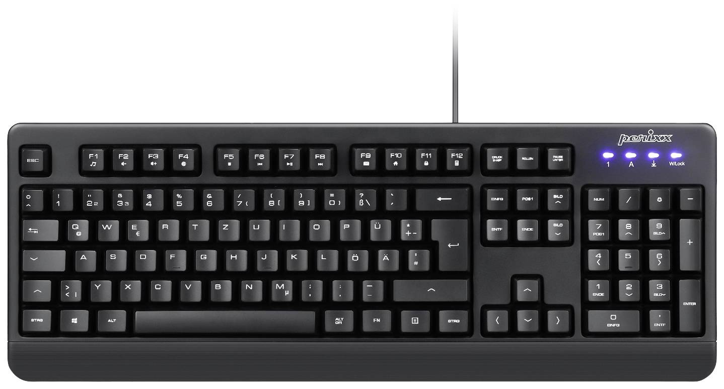 A black computer keyboard with a numeric keypad and white lettering. Three blue LEDs are illuminated in the top right corner.