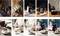 A selection of coffee preparations and scenes: coffee machines, cups of coffee and pastries in a festive setting.
