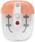 Foot spa in white and orange with multiple massage rollers, jets and a red control button.