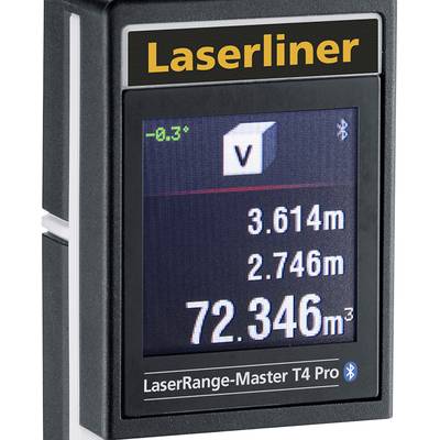 Digital measuring device shows volume measurement: 72.346 cubic metres. Further measurements: 3.614 metres and 2.746 metres. Display: Bluetooth connection activated.