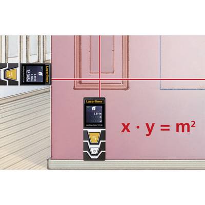 'Two laser distance meters show 3.14 m and 7.23 m, projecting red lines on the wall. Formula: x • y = m², calculates area.'