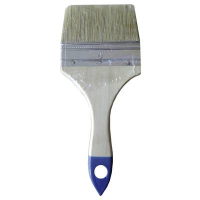 A wide painter's brush with light-coloured bristles and a blue handle, suitable for painting large surfaces.
