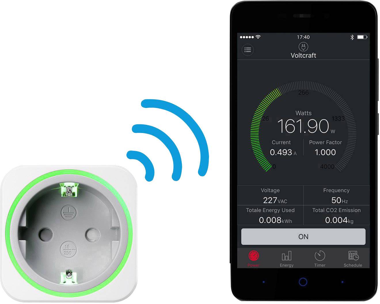 Smart plug next to smartphone with app display. The app shows energy consumption: 161.90 watts. Connected via Wi-Fi.