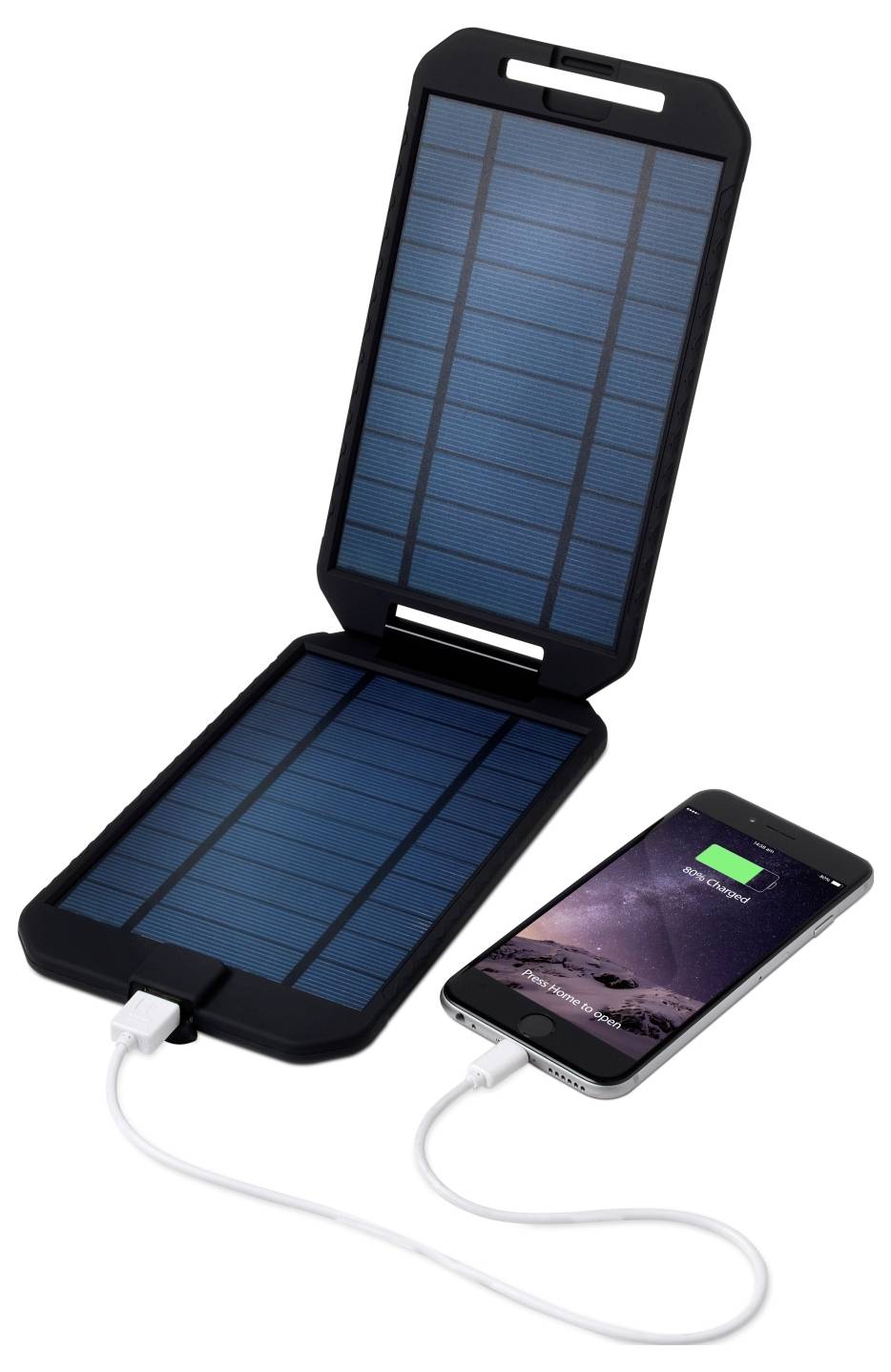 A solar charger connected to a smartphone with a cable; the phone screen shows a charging symbol, indicating active charging.